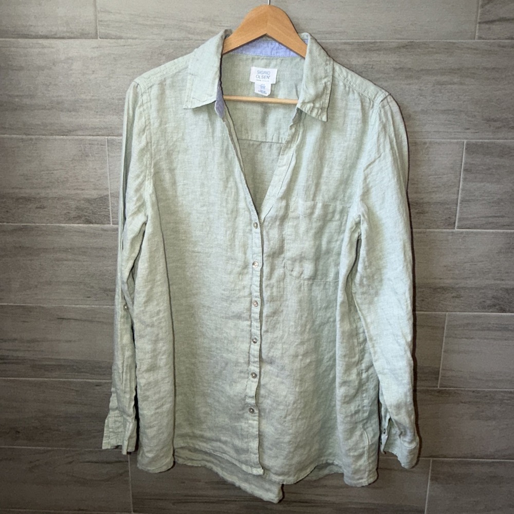 Sigrid Olsen 100% Linen Chambray Long Sleeves V-Neck Collared Top Size M Green